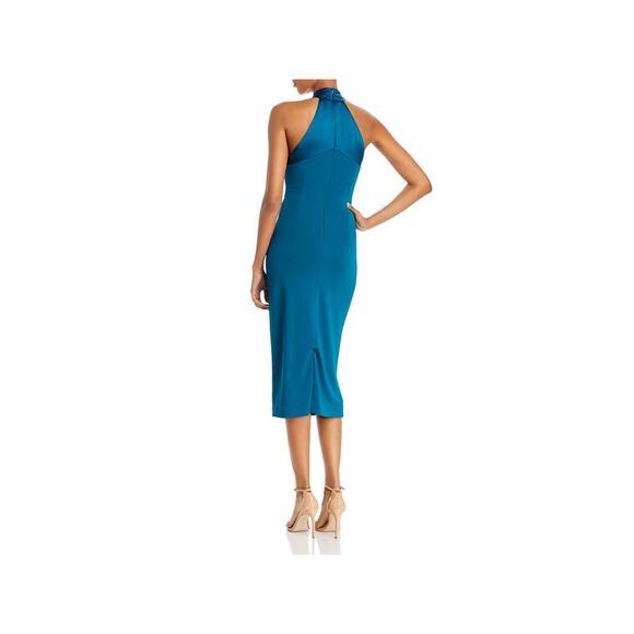 CUSHNIE Womens Teal Stretch Sleeveless Halter Midi Evening Sheath Dress 2 - Picture 2 of 2